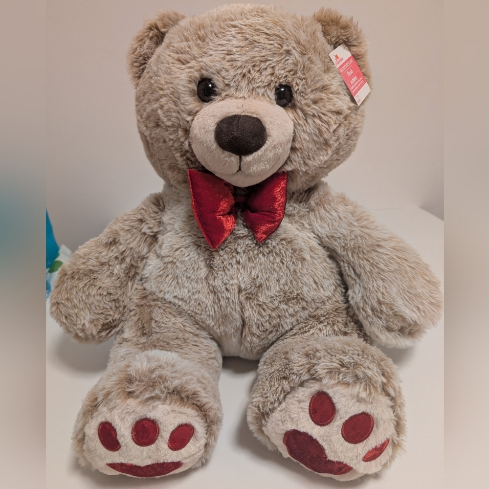 Plush Velvet Brown Bear with Red Bow Tie